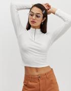 Asos Design High Neck Half Zip Top In Rib With Long Sleeve - White