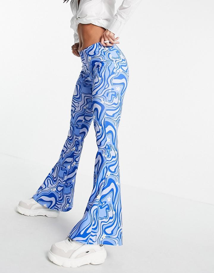 Vintage Supply High Waist Flared Pants In Wavy Print-blues