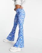 Vintage Supply High Waist Flared Pants In Wavy Print-blues