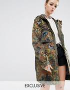 Reclaimed Vintage Military Parka Coat In Camo With Butterfly Patches - Khaki