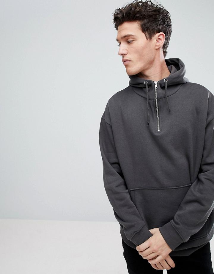 New Look Hoodie With Half Zip In Dark Grey - Gray