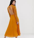 Asos Design Petite Long Sleeve Lace Bodice Midi Dress With Pleat Skirt-yellow