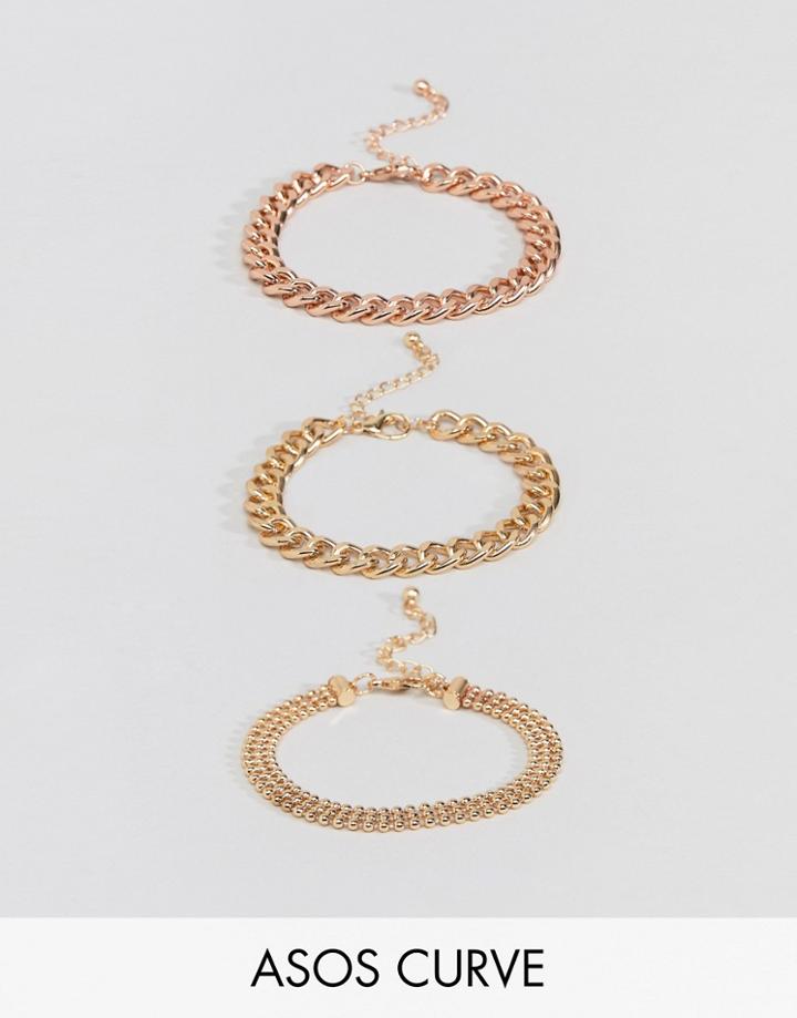 Asos Design Curve Pack Of 3 Bracelets In Mixed Size Chain Design - Multi