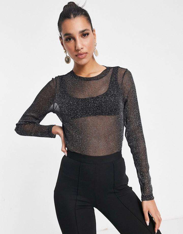 Asos Design Glitter Mesh Long Sleeve T-shirt In Black