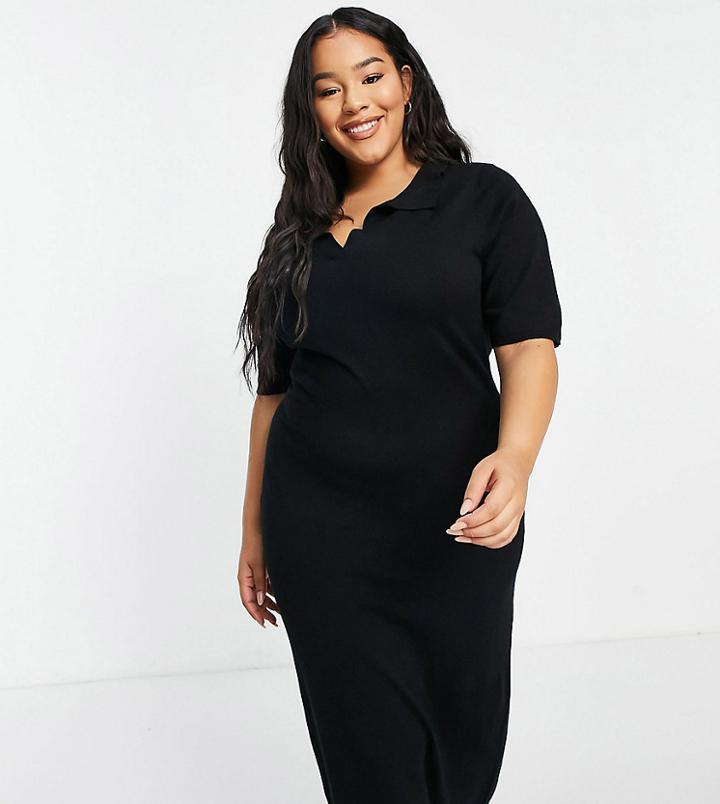 Cotton: On Curve Knit Polo Dress In Black