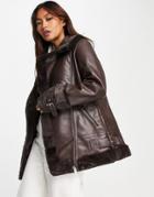 River Island Faux Fur Aviator Jacket In Chocolate-black