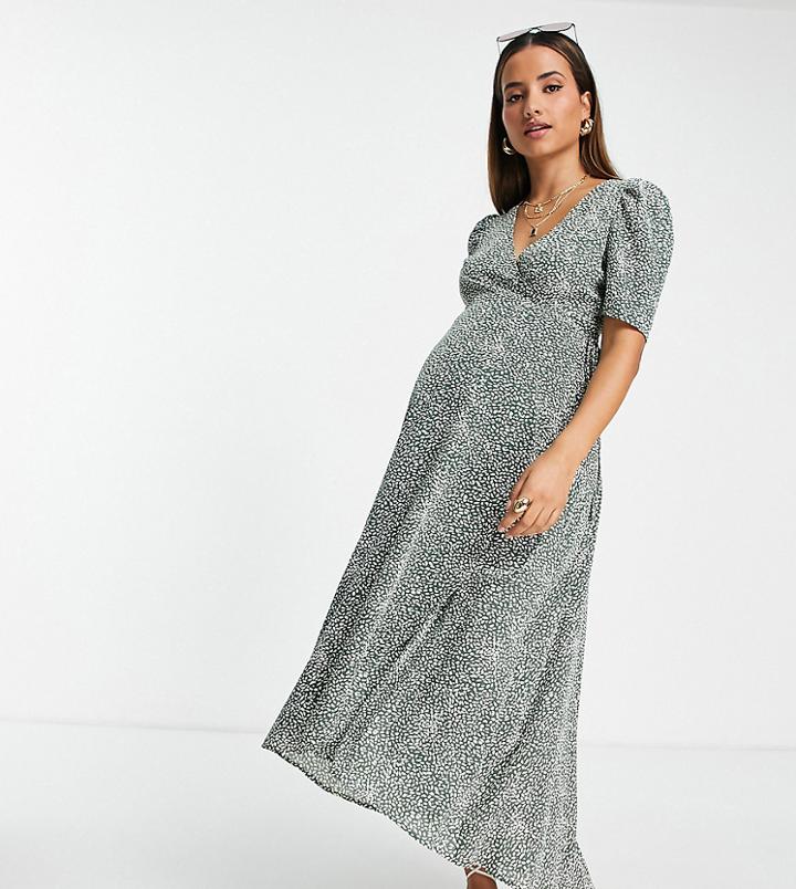 Missguided Maternity Printed Wrap Midi Dress With Dipped Hem In Green