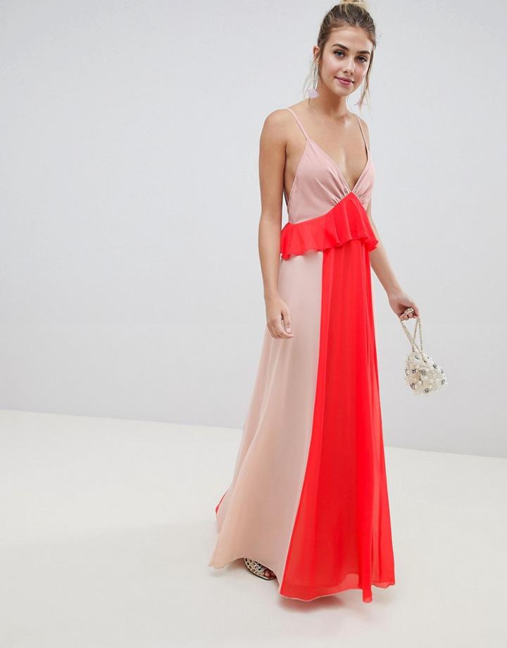 Asos Design Color Block Cami Strap Maxi Dress With Ruffle Waist - Multi