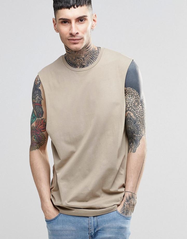 Asos Oversized Sleeveless T-shirt With Raw Edge Armhole In Brown - Brown