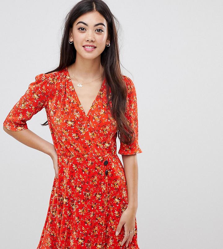 Asos Design Petite Ditsy Print Plisse Mini Dress With Button Detail-multi
