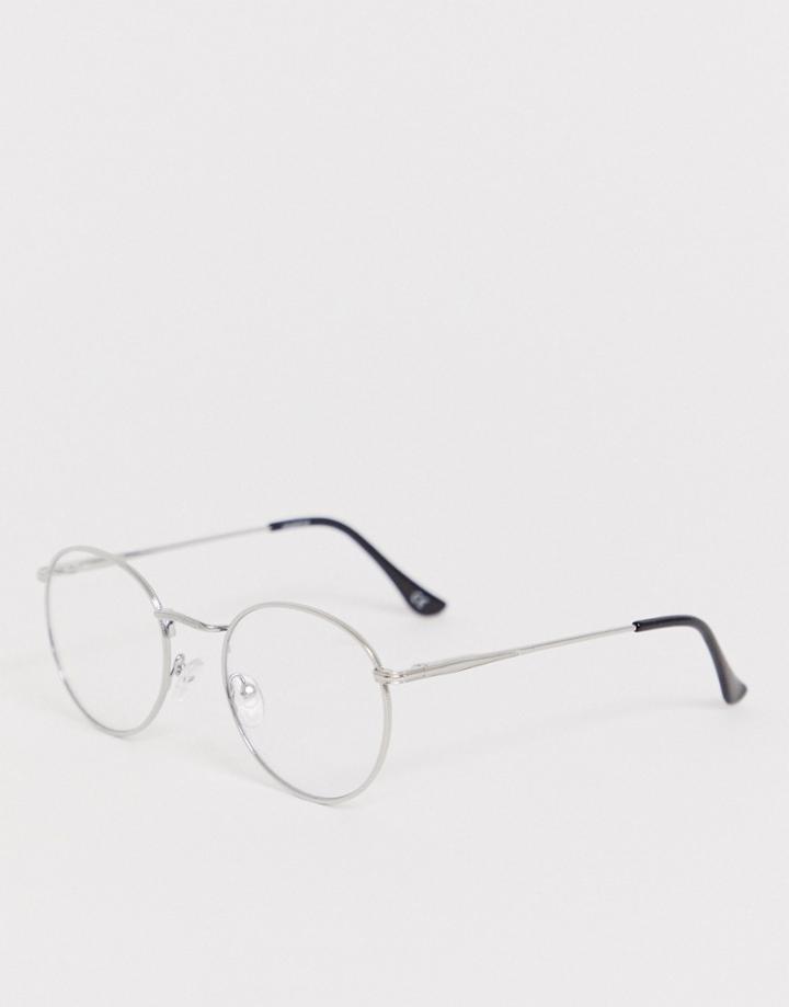 Asos Design Round Fashion Glasses In Silver Metal With Clear Lens