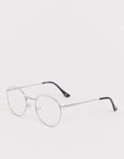 Asos Design Round Fashion Glasses In Silver Metal With Clear Lens