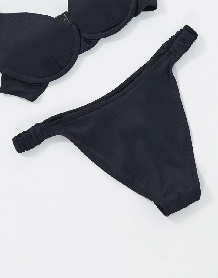 Fashion Union Ribbed High Leg Bikini Bottom In Black