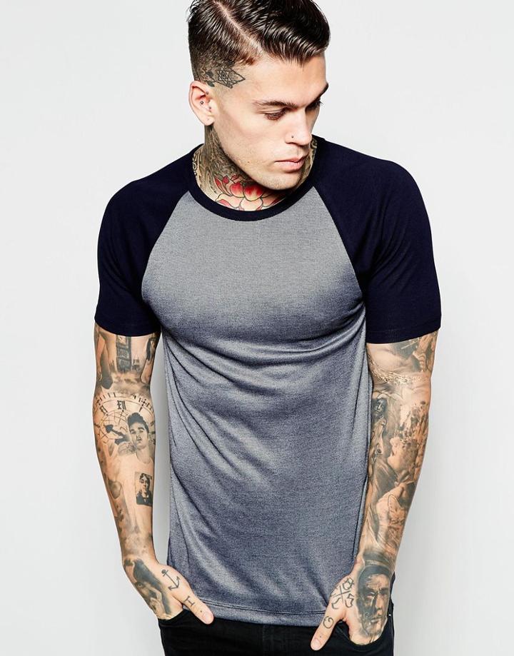 Asos Muscle T-shirt With Contrast Raglan Sleeves In Indigo - Bluenavy