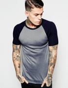 Asos Muscle T-shirt With Contrast Raglan Sleeves In Indigo - Bluenavy