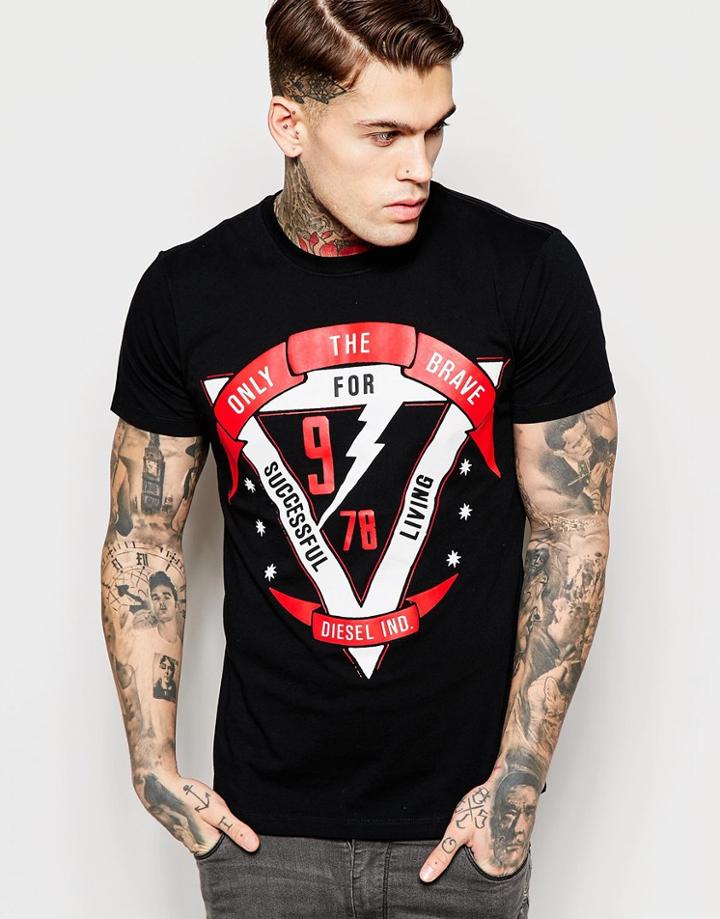 Diesel T-shirt T-diego-b Crewneck Only The Brave Triangle In Black - Black