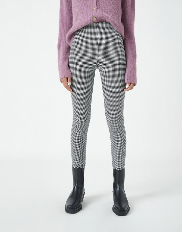 Pull & Bear Ribbed Leggings In Monochrome Check-black