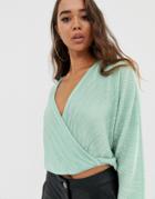 Asos Design Wrap Top In Plisse With Batwing Sleeve - Green