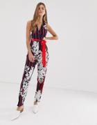 Parisian Tie Waist Jumpsuit With Shadow Tropical Print - Red