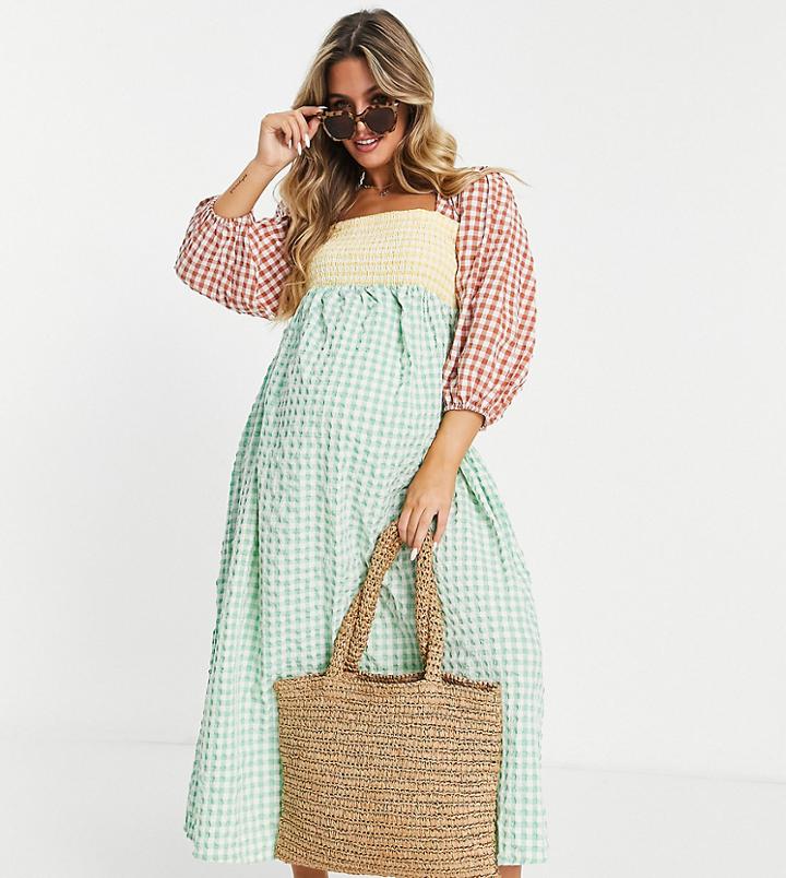 Asos Design Maternity Shirred Midi Dress In Mixed Gingham-multi