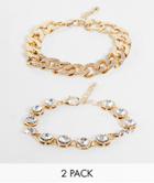 Asos Design Pack Of 2 Chain Bracelets With Crystal In Gold Tone
