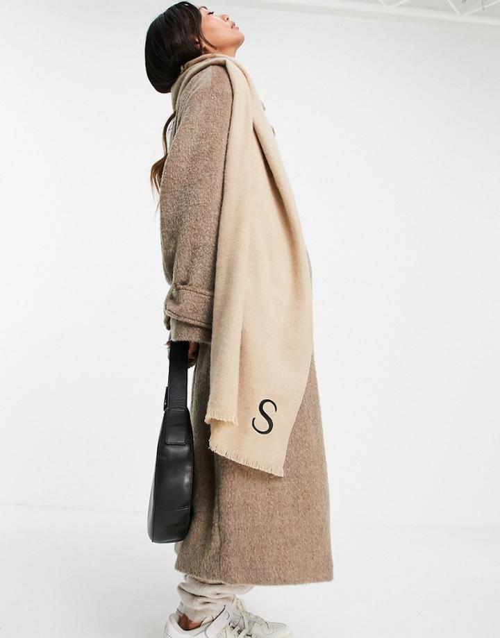 Asos Design Recycled Blend Personalized Scarf With S Initial In Stone-neutral