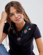 Brave Soul Belle T Shirt With Embroidery And Fringing - Navy