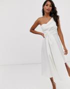 Asos Design Self Stripe One Shoulder Fold Detail Prom Midi Dress-white