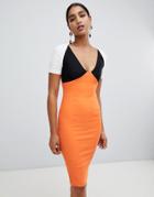 Vesper Color Block V Neck Pencil Dress - Orange