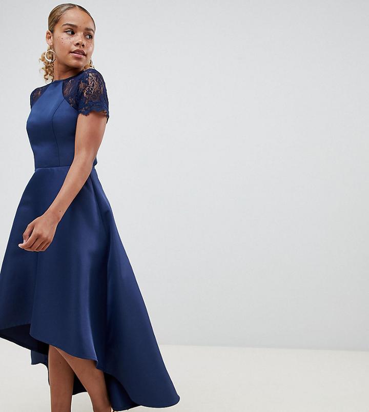 Chi Chi London Petite High Low Hem Midi Dress With Lace Sleeves - Navy