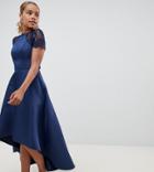 Chi Chi London Petite High Low Hem Midi Dress With Lace Sleeves - Navy