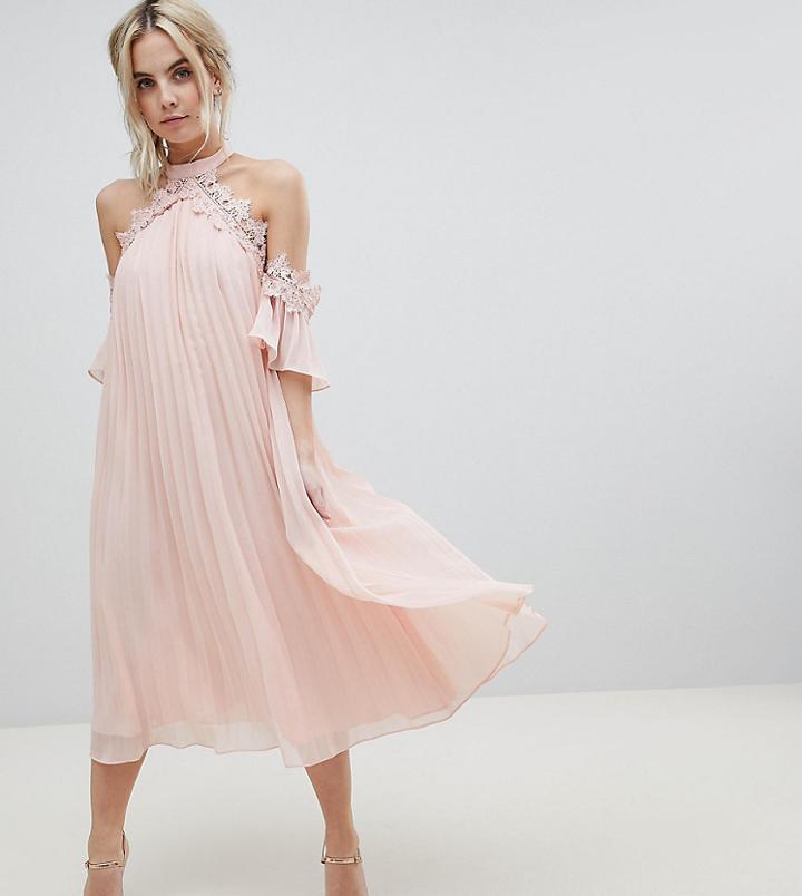 True Decadence Petite Pleated Swing Dress With Cold Shoulder Detail - Orange