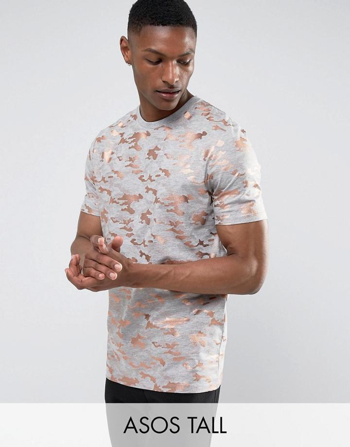 Asos Tall Longline T-shirt In All Over Rose Gold Camo - Gray
