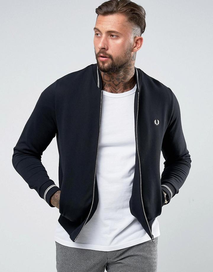 Fred Perry Tipped Bomber Neck Sweat Jacket In Black - Black