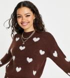 Miss Selfridge Petite Heart Print Sweater In Chocolate-brown