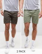 Asos 2 Pack Slim Chino Shorts In Dark Khaki & Light Green Save - Multi