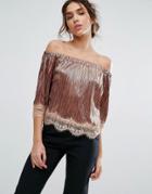 Tfnc Metallic Plisse Bardot Top With Lace Trim - Gold