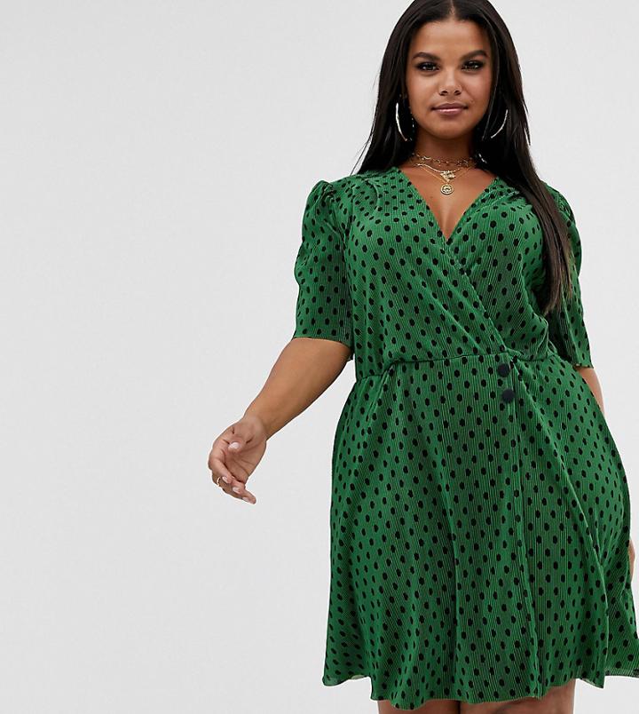 Asos Design Curve Polka Dot Plisse Mini Dress With Button Detail - Multi