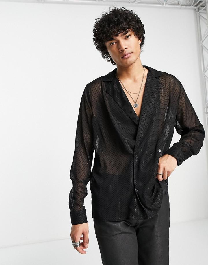 Asos Design Sheer Textured Double Breasted Shirt In Black