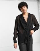 Asos Design Sheer Textured Double Breasted Shirt In Black