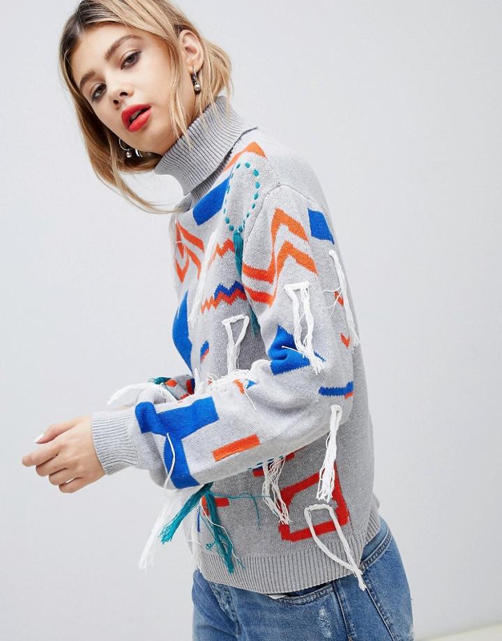 Noisy May Printed High Neck Knitted Sweater - Gray