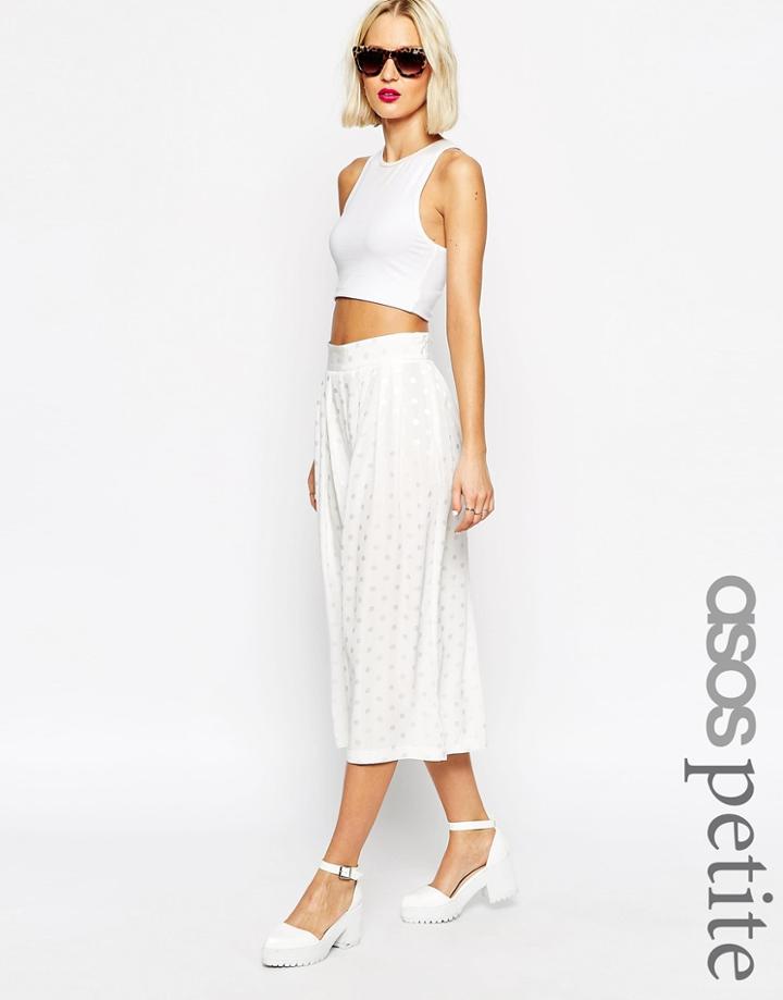 Asos Petite Wide Pleated Culottes In Spot Jacquard - White