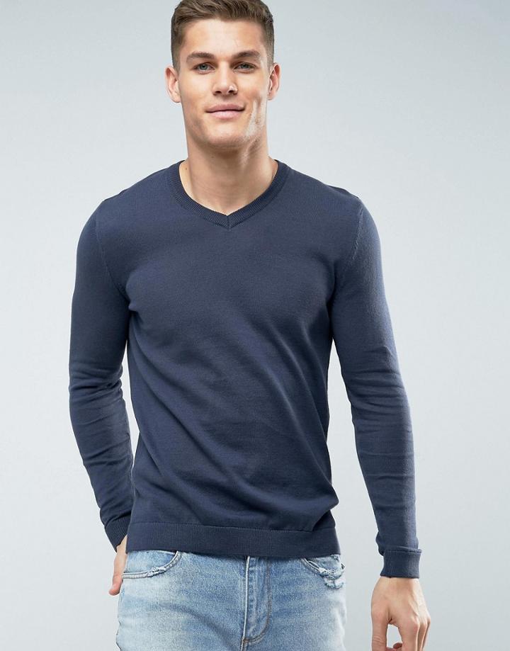 Asos Cotton V-neck Sweater In Navy - Navy