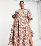 Asos Edition Curve Floral Jacquard Smock Dress With Scallop Collar In Pink