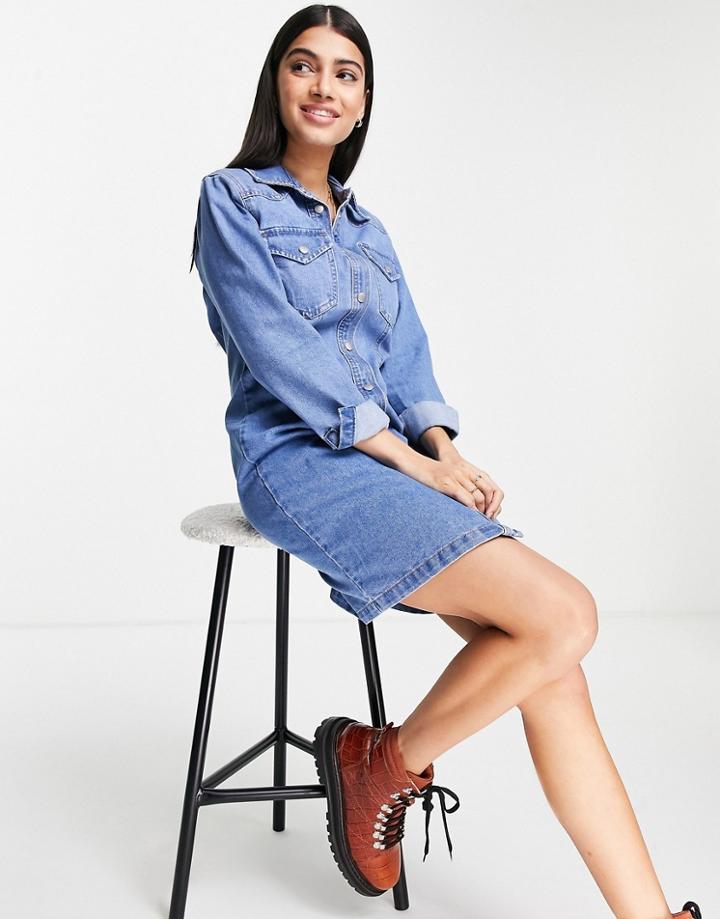 New Look Denim Mini Shirt Dress In Mid Blue-blues