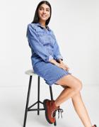 New Look Denim Mini Shirt Dress In Mid Blue-blues