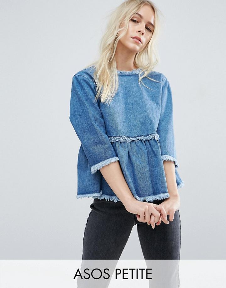 Asos Petite Denim Smock Top With Wrap Back In Vintage Wash - Blue