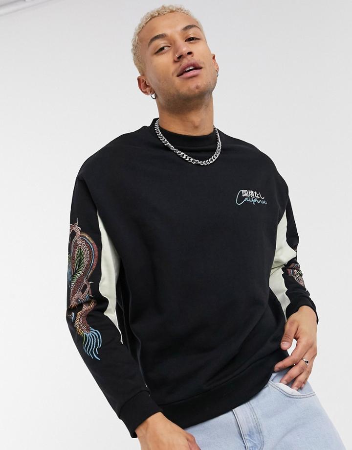 Asos Design Oversized Color Block Sweatshirt With Souvenir Dragon Sleeve Print-black