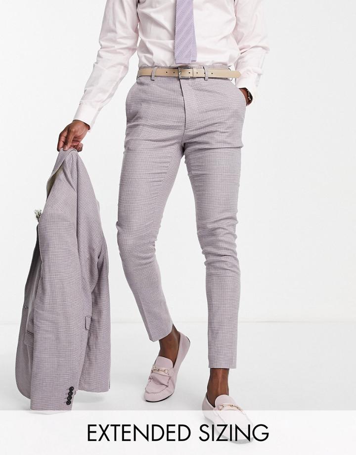 Asos Design Wedding Linen Mix Super Skinny Suit Pants With Puppytooth Plaid In Purple-green