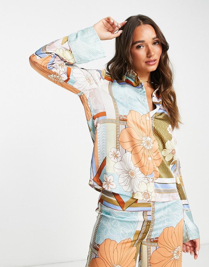 Asos Design Satin Shirt In Placement Retro Floral - Part Of A Set-multi
